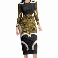 Kowhai Aotearoa Atua Tumatauenga Personalised Long Sleeve Bodycon Dress Maori God Of War Tiki With Taiaha LT14 Long Dress Yellow - Polynesian Pride