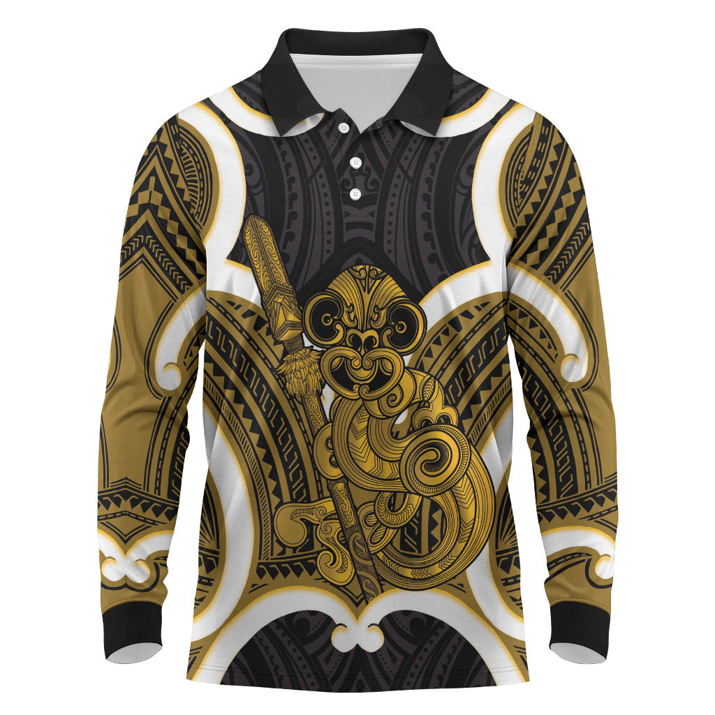Kowhai Aotearoa Atua Tumatauenga Personalised Long Sleeve Polo Shirt Maori God Of War Tiki With Taiaha LT14 Yellow - Polynesian Pride