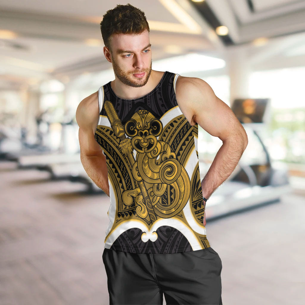 Kowhai Aotearoa Atua Tumatauenga Personalised Men Tank Top Maori God Of War Tiki With Taiaha LT14 Yellow - Polynesian Pride