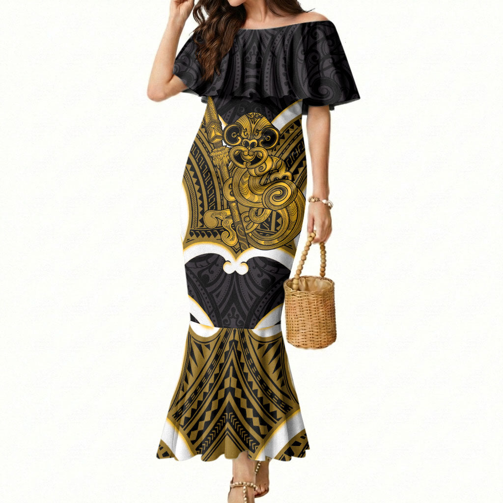 Kowhai Aotearoa Atua Tumatauenga Personalised Mermaid Dress Maori God Of War Tiki With Taiaha LT14 Women Yellow - Polynesian Pride