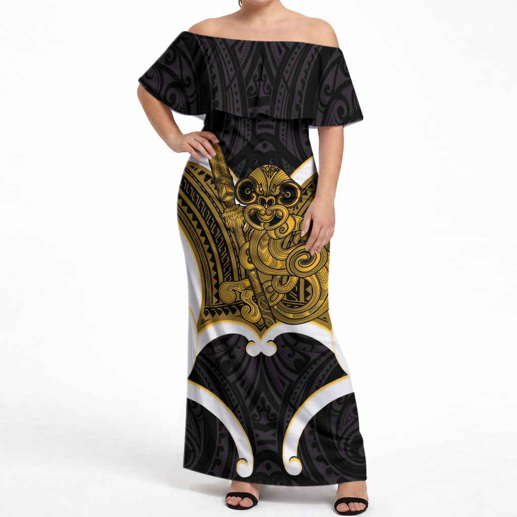 Kowhai Aotearoa Atua Tumatauenga Personalised Off Shoulder Maxi Dress Maori God Of War Tiki With Taiaha LT14 Women Yellow - Polynesian Pride