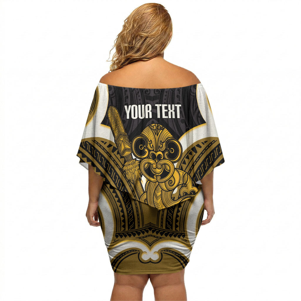 Kowhai Aotearoa Atua Tumatauenga Personalised Off Shoulder Short Dress Maori God Of War Tiki With Taiaha LT14 - Polynesian Pride