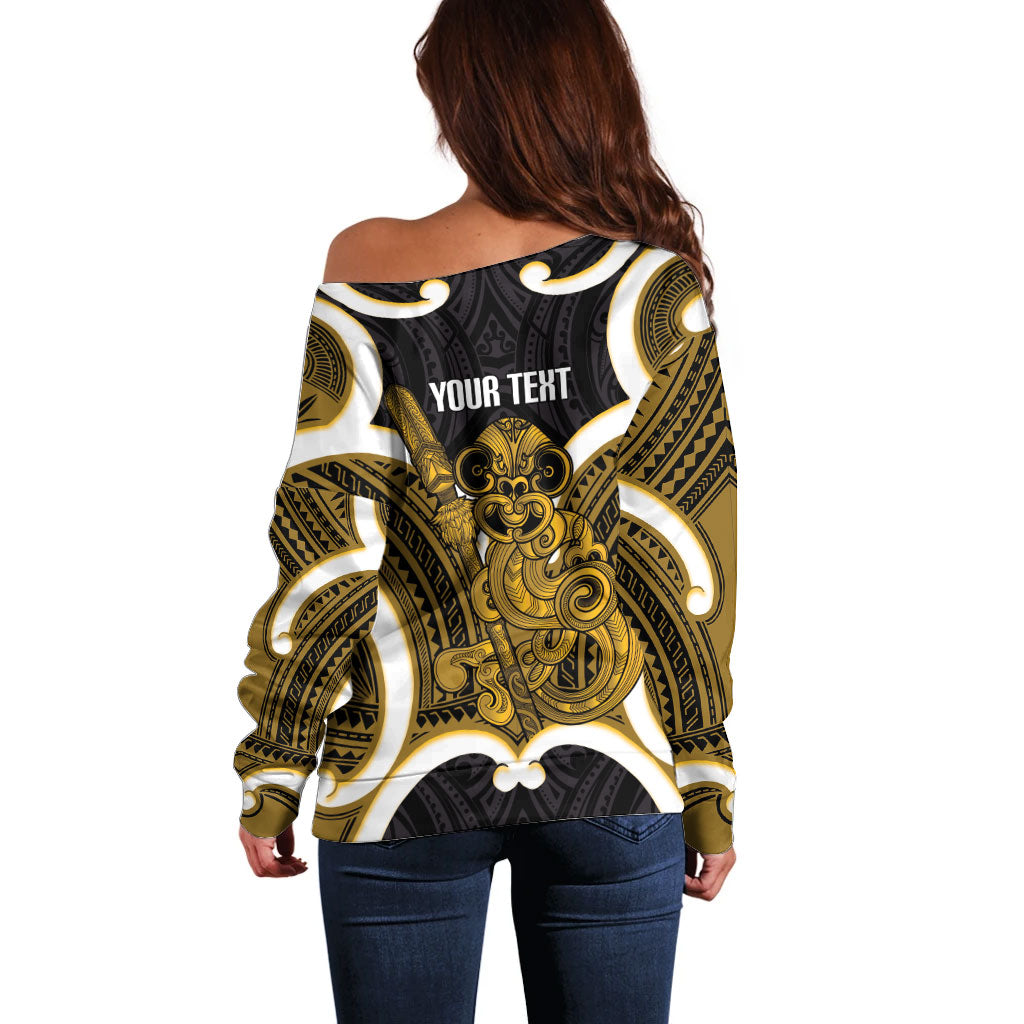 Kowhai Aotearoa Atua Tumatauenga Personalised Off Shoulder Sweater Maori God Of War Tiki With Taiaha LT14 - Polynesian Pride