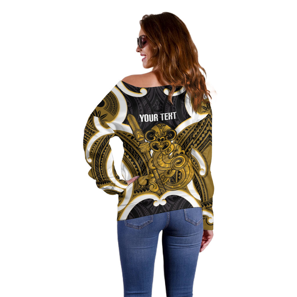 Kowhai Aotearoa Atua Tumatauenga Personalised Off Shoulder Sweater Maori God Of War Tiki With Taiaha LT14 - Polynesian Pride