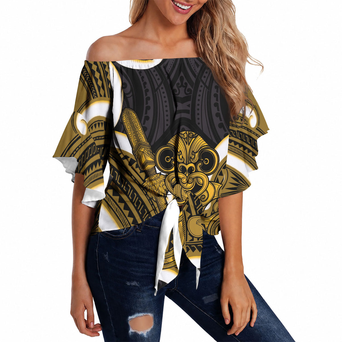 Kowhai Aotearoa Atua Tumatauenga Personalised Off Shoulder Wrap Waist Top Maori God Of War Tiki With Taiaha LT14 Yellow - Polynesian Pride
