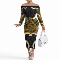 Kowhai Aotearoa Atua Tumatauenga Personalised Off The Shoulder Long Sleeve Dress Maori God Of War Tiki With Taiaha LT14 Women Yellow - Polynesian Pride