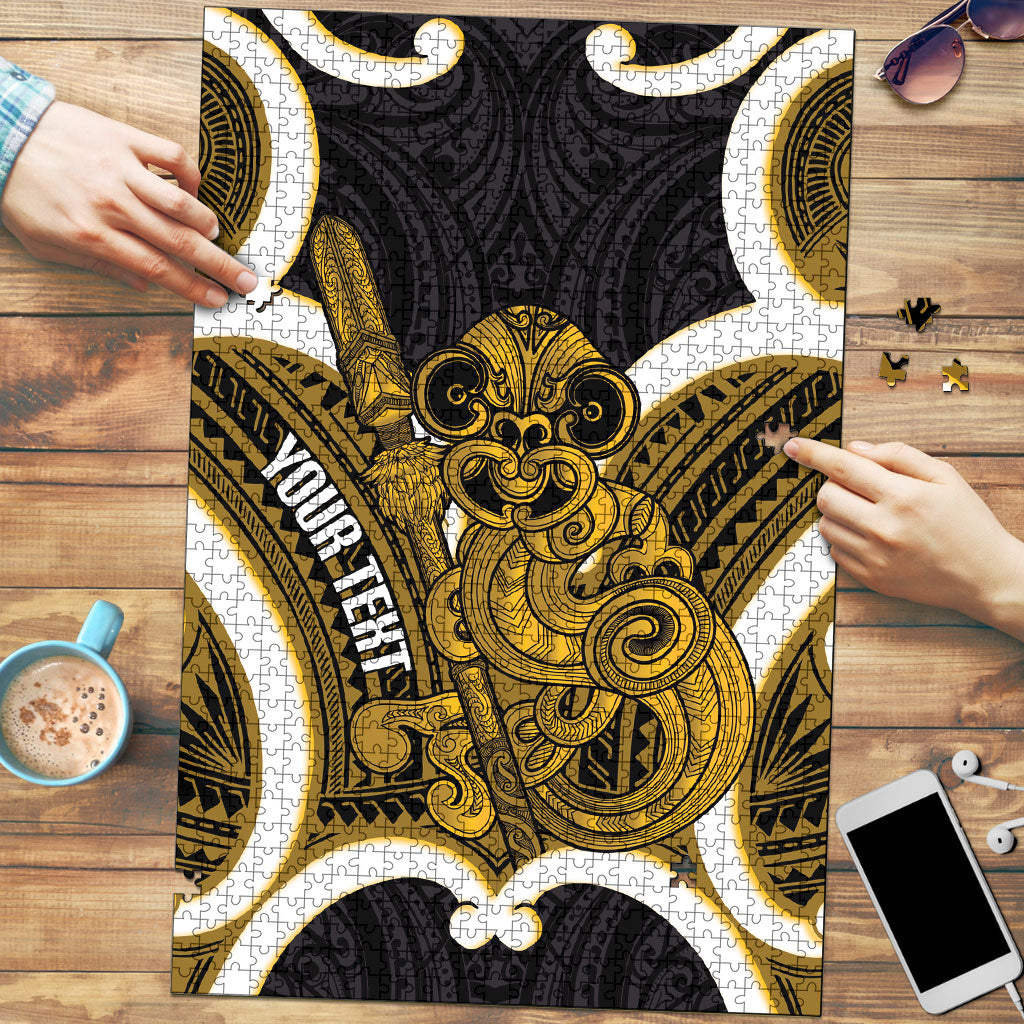 Kowhai Aotearoa Atua Tumatauenga Personalised Puzzle Maori God Of War Tiki With Taiaha LT14 Yellow - Polynesian Pride