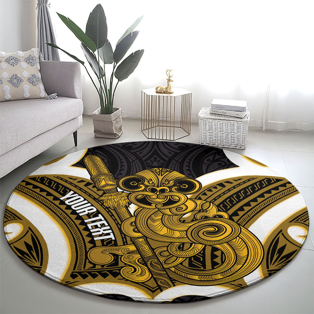 Kowhai Aotearoa Atua Tumatauenga Personalised Round Carpet Maori God Of War Tiki With Taiaha LT14 - Polynesian Pride