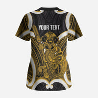 Kowhai Aotearoa Atua Tumatauenga Personalised Scrub Top Maori God Of War Tiki With Taiaha LT14 - Polynesian Pride