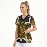 Kowhai Aotearoa Atua Tumatauenga Personalised Scrub Top Maori God Of War Tiki With Taiaha LT14 - Polynesian Pride