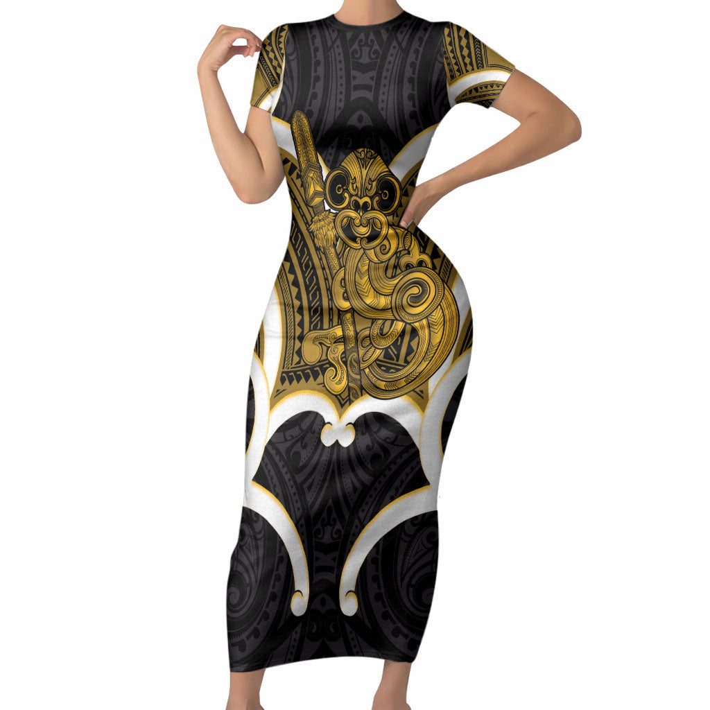 Kowhai Aotearoa Atua Tumatauenga Personalised Short Sleeve Bodycon Dress Maori God Of War Tiki With Taiaha LT14 Long Dress Yellow - Polynesian Pride