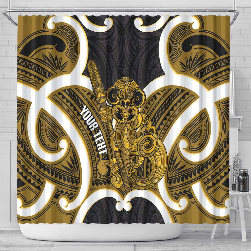 Kowhai Aotearoa Atua Tumatauenga Personalised Shower Curtain Maori God Of War Tiki With Taiaha LT14 - Polynesian Pride