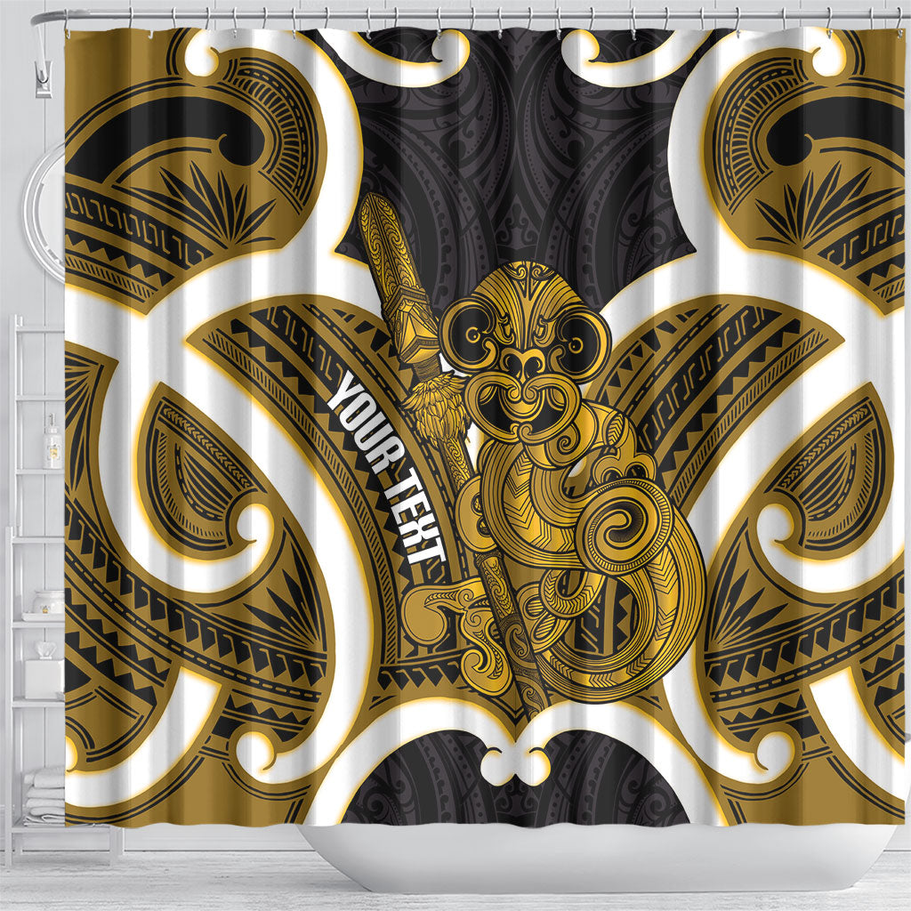Kowhai Aotearoa Atua Tumatauenga Personalised Shower Curtain Maori God Of War Tiki With Taiaha LT14 - Polynesian Pride
