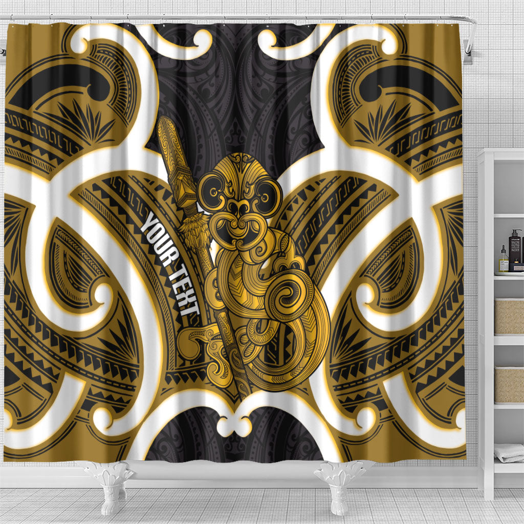 Kowhai Aotearoa Atua Tumatauenga Personalised Shower Curtain Maori God Of War Tiki With Taiaha LT14 - Polynesian Pride