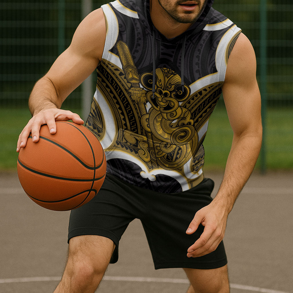 Kowhai Aotearoa Atua Tumatauenga Personalised Sleeveless Hoodie Maori God Of War Tiki With Taiaha LT14 - Polynesian Pride