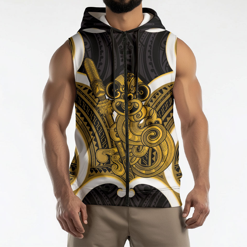 Kowhai Aotearoa Atua Tumatauenga Personalised Sleeveless Zip Hoodie Maori God Of War Tiki With Taiaha LT14 - Polynesian Pride