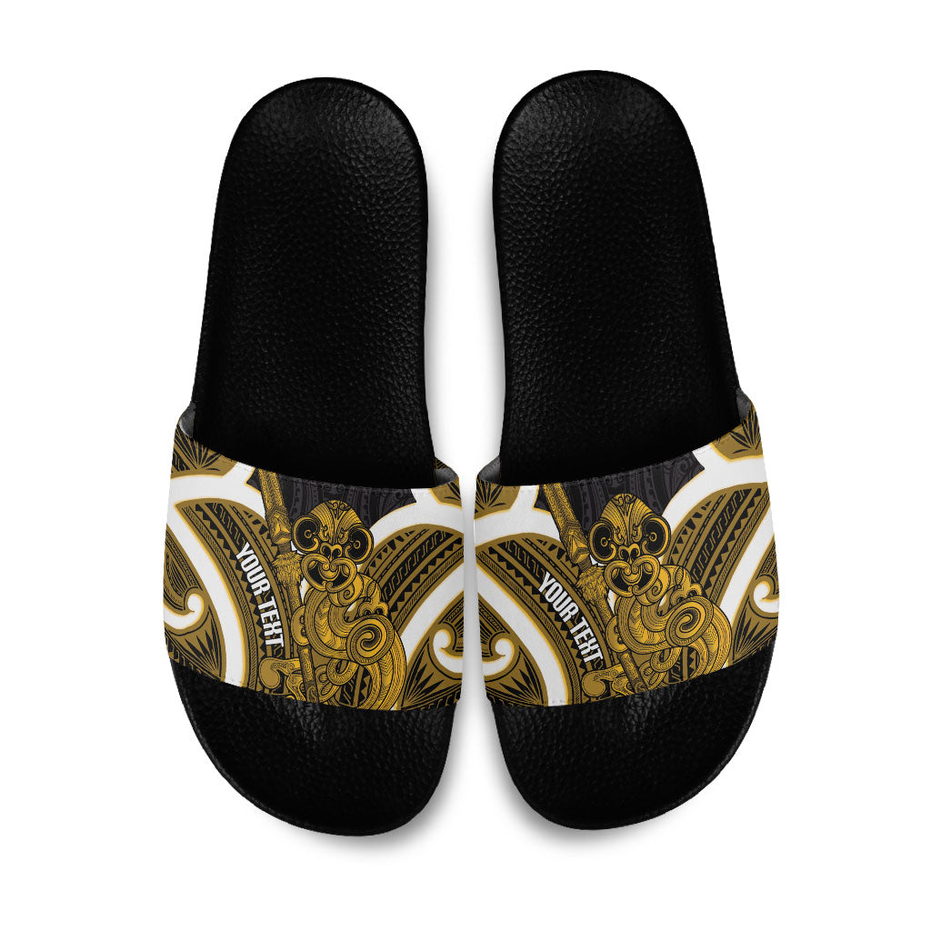 Kowhai Aotearoa Atua Tumatauenga Personalised Slide Sandals Maori God Of War Tiki With Taiaha LT14 Yellow - Polynesian Pride