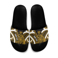 Kowhai Aotearoa Atua Tumatauenga Personalised Slide Sandals Maori God Of War Tiki With Taiaha LT14 Yellow - Polynesian Pride