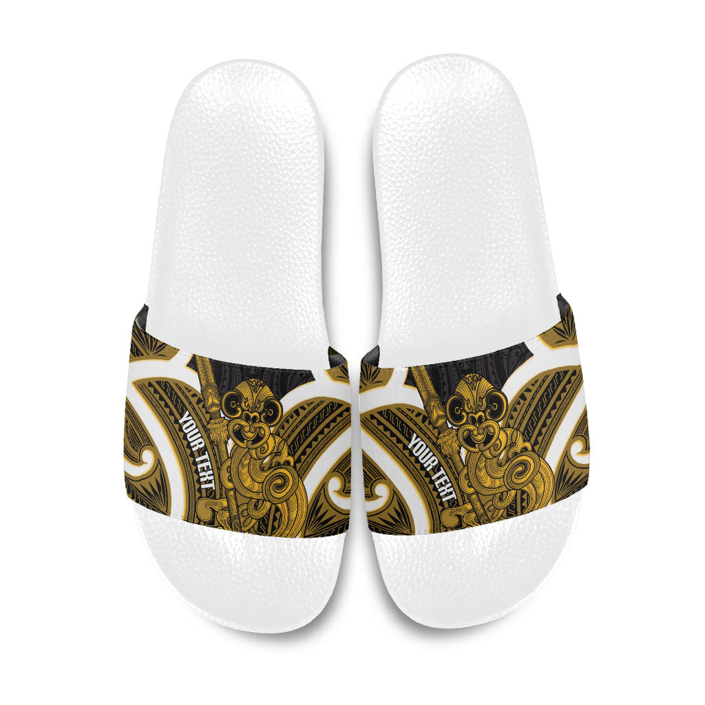 Kowhai Aotearoa Atua Tumatauenga Personalised Slide Sandals Maori God Of War Tiki With Taiaha LT14 Yellow - Polynesian Pride