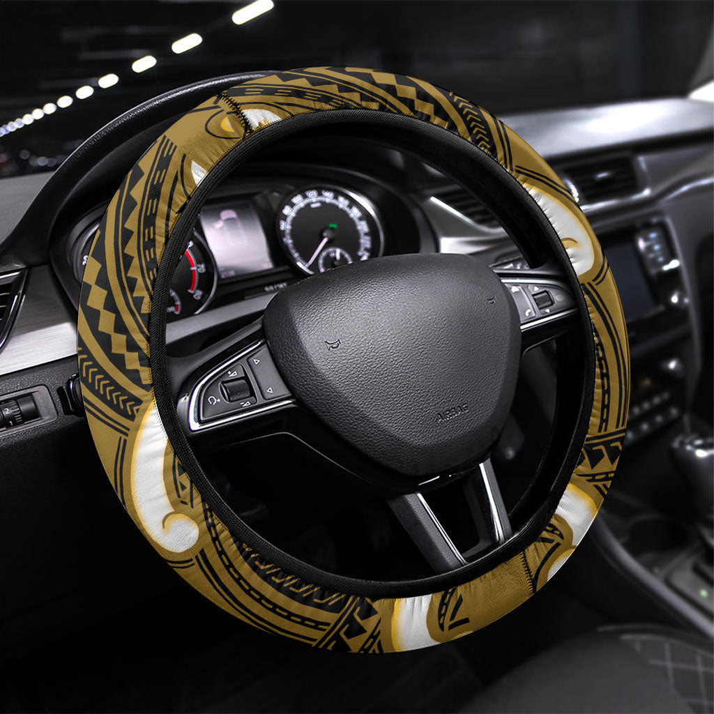 Kowhai Aotearoa Atua Tumatauenga Steering Wheel Cover Maori God Of War Tiki With Taiaha LT14 Universal Fit Yellow - Polynesian Pride