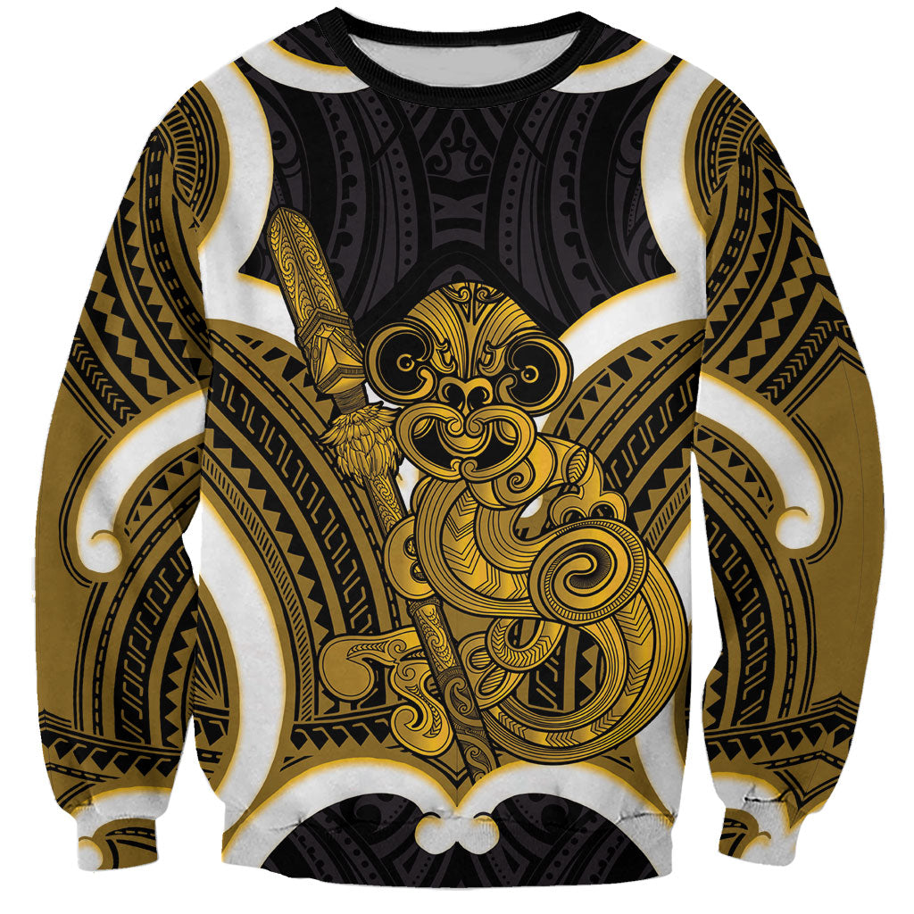 Kowhai Aotearoa Atua Tumatauenga Personalised Sweatshirt Maori God Of War Tiki With Taiaha LT14 Unisex Yellow - Polynesian Pride