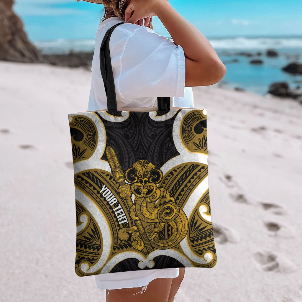 Kowhai Aotearoa Atua Tumatauenga Personalised Tote Bag Maori God Of War Tiki With Taiaha LT14 - Polynesian Pride