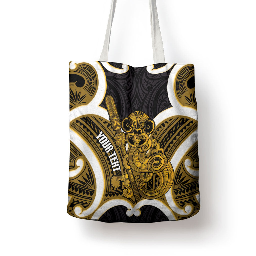 Kowhai Aotearoa Atua Tumatauenga Personalised Tote Bag Maori God Of War Tiki With Taiaha LT14 - Polynesian Pride