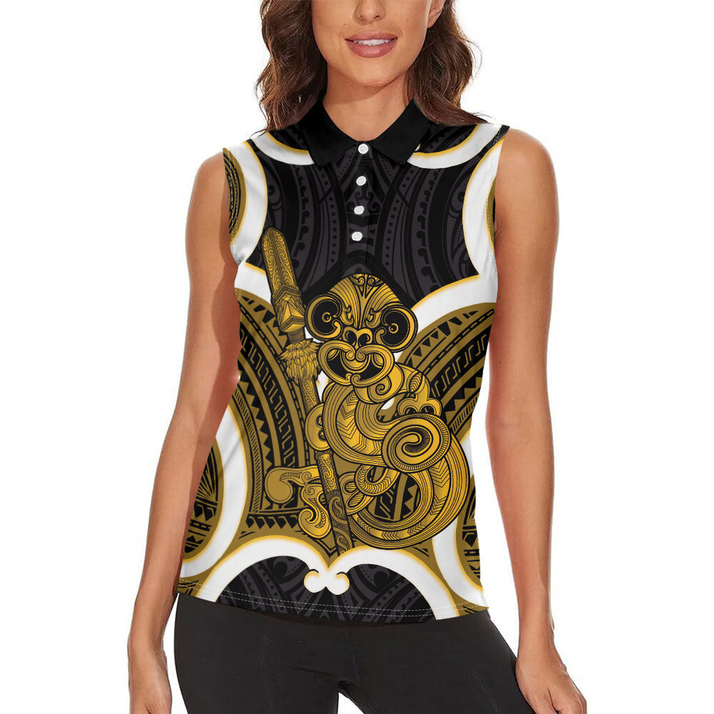 Kowhai Aotearoa Atua Tumatauenga Personalised Women Sleeveless Polo Shirt Maori God Of War Tiki With Taiaha LT14 - Polynesian Pride