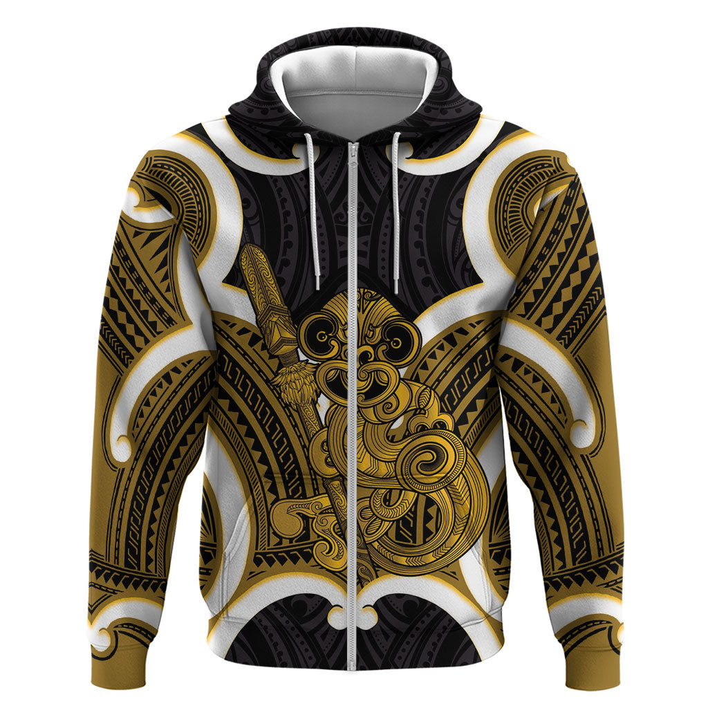 Kowhai Aotearoa Atua Tumatauenga Personalised Zip Hoodie Maori God Of War Tiki With Taiaha LT14 Zip Hoodie Yellow - Polynesian Pride