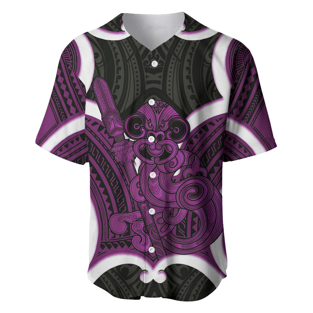 Waiporoporo Aotearoa Atua Tumatauenga Personalised Baseball Jersey Maori God Of War Tiki With Taiaha LT14 Purple - Polynesian Pride