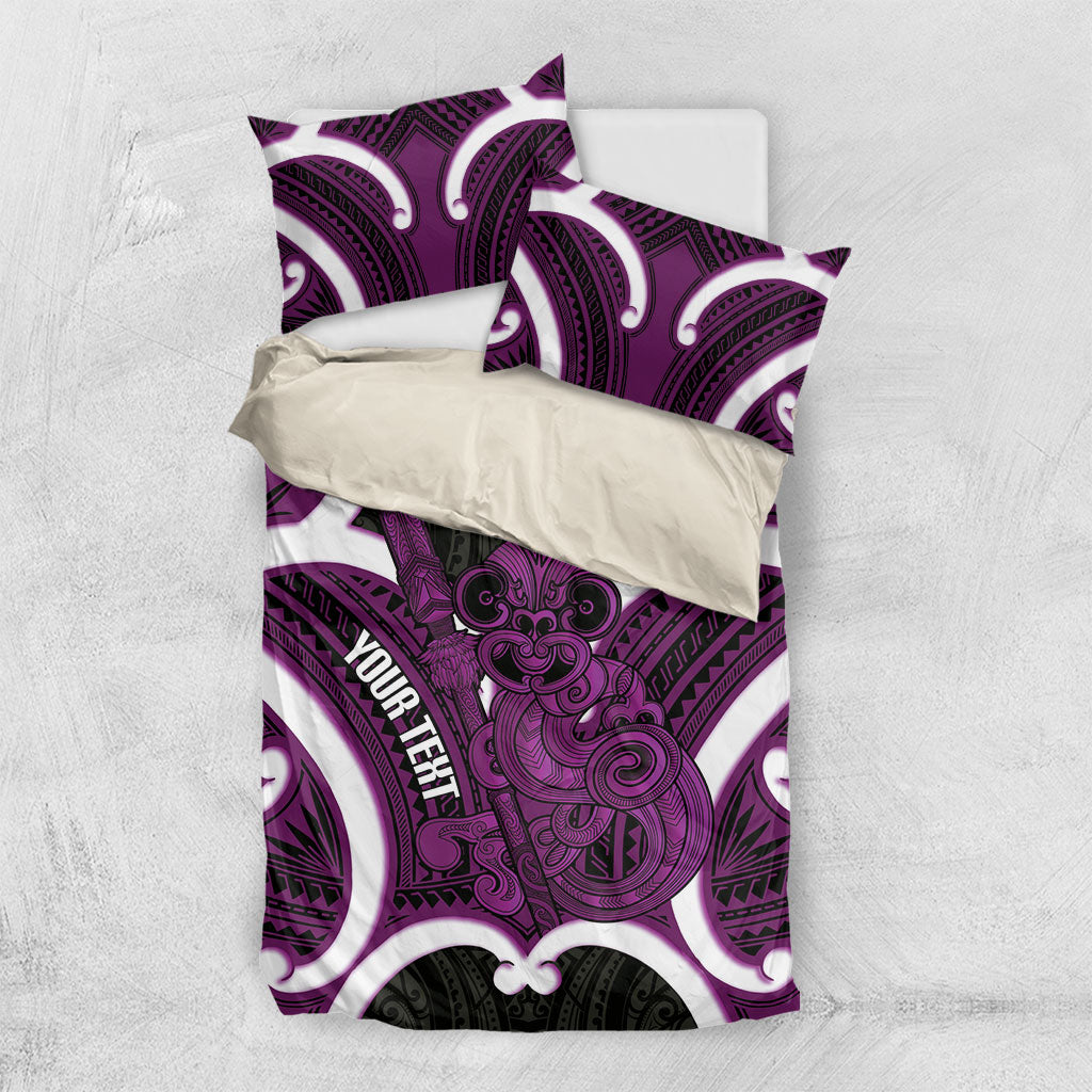 Waiporoporo Aotearoa Atua Tumatauenga Personalised Bedding Set Maori God Of War Tiki With Taiaha LT14 US Twin 172cm x 218cm Purple - Polynesian Pride