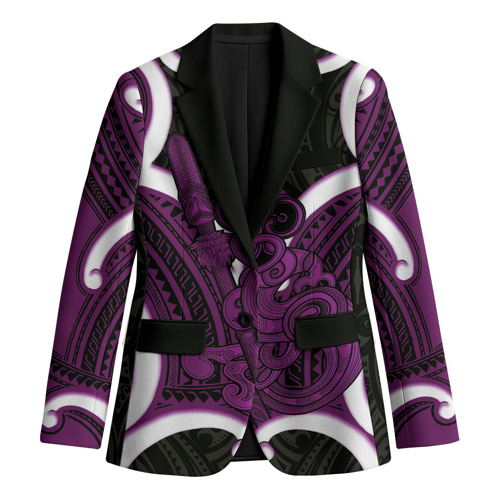 Waiporoporo Aotearoa Atua Tumatauenga Personalised Blazer Maori God Of War Tiki With Taiaha LT14 Unisex Purple - Polynesian Pride