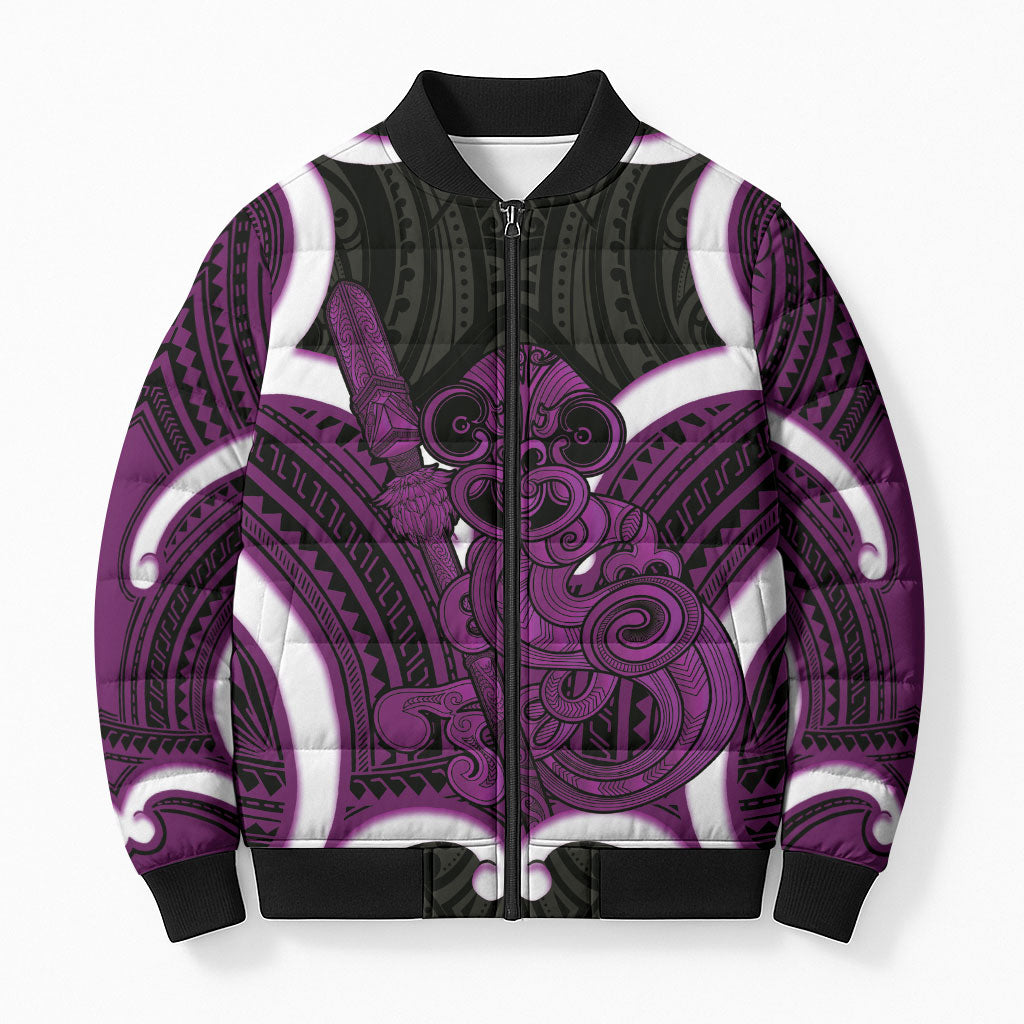 Waiporoporo Aotearoa Atua Tumatauenga Personalised Bomber Puffer Jacket Maori God Of War Tiki With Taiaha LT14 Unisex Purple - Polynesian Pride