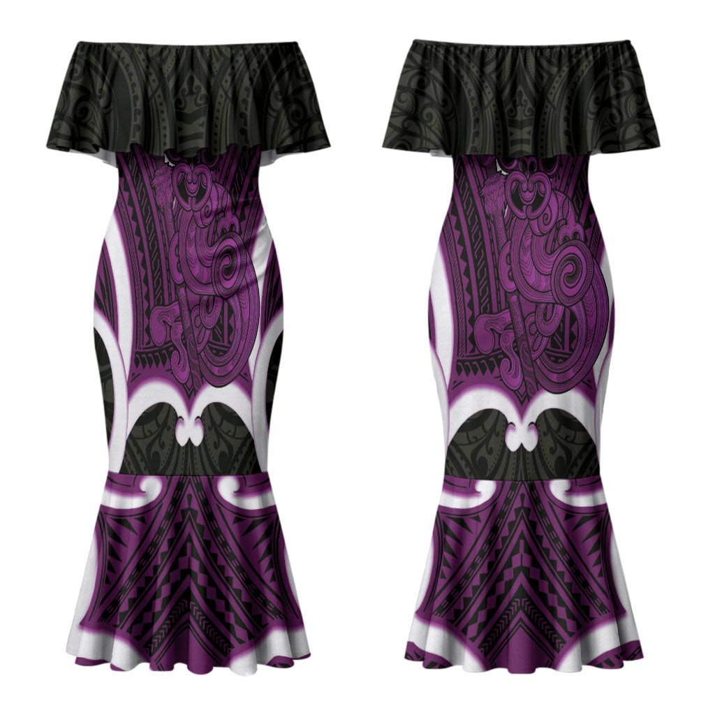 Waiporoporo Aotearoa Atua Tumatauenga Personalised Couples Matching Mermaid Dress and Long Sleeve Button Shirt Maori God Of War Tiki With Taiaha LT14 - Polynesian Pride
