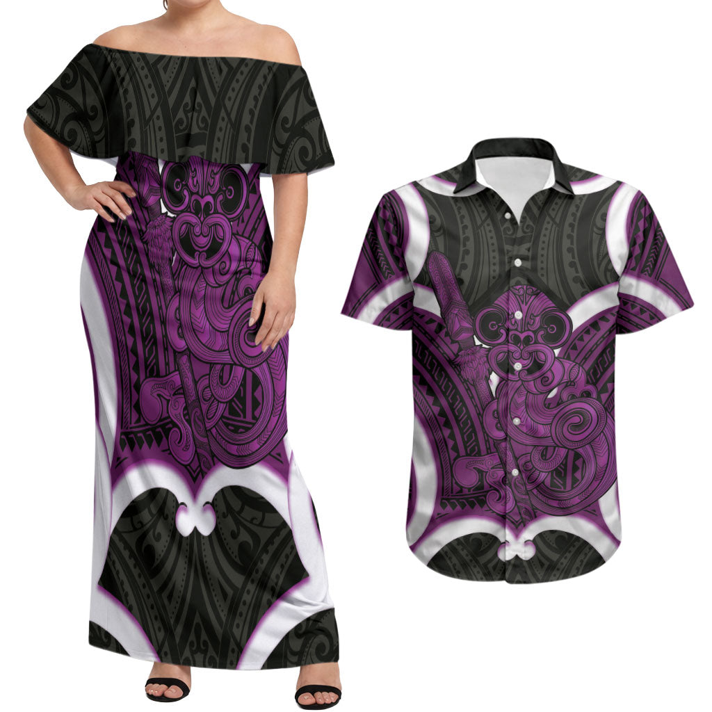 Waiporoporo Aotearoa Atua Tumatauenga Personalised Couples Matching Off Shoulder Maxi Dress and Hawaiian Shirt Maori God Of War Tiki With Taiaha LT14 Purple - Polynesian Pride