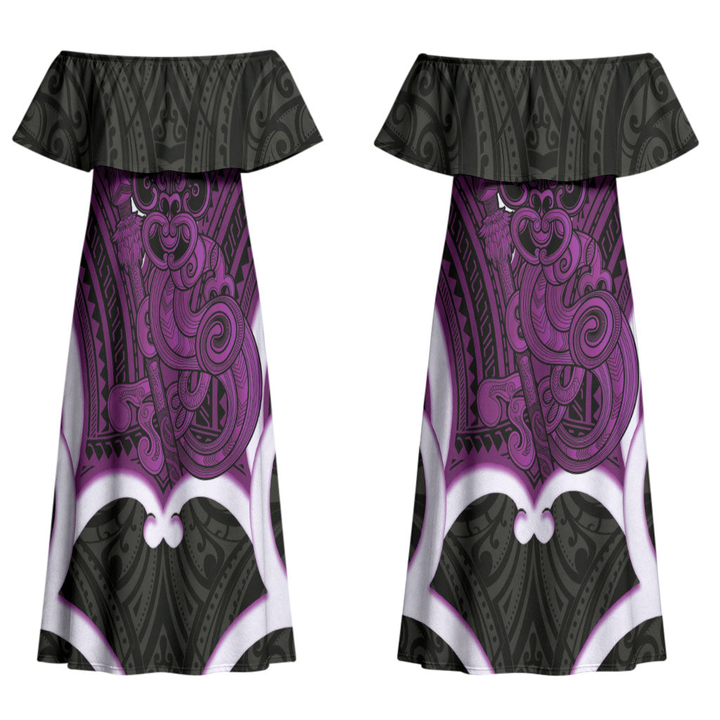 Waiporoporo Aotearoa Atua Tumatauenga Personalised Couples Matching Off Shoulder Maxi Dress and Long Sleeve Button Shirt Maori God Of War Tiki With Taiaha LT14 - Polynesian Pride