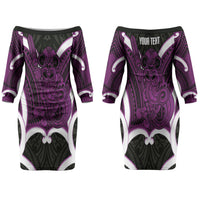 Waiporoporo Aotearoa Atua Tumatauenga Personalised Couples Matching Off The Shoulder Long Sleeve Dress and Long Sleeve Button Shirt Maori God Of War Tiki With Taiaha LT14 - Polynesian Pride