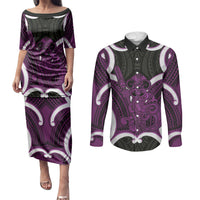 Waiporoporo Aotearoa Atua Tumatauenga Personalised Couples Matching Puletasi and Long Sleeve Button Shirt Maori God Of War Tiki With Taiaha LT14 Purple - Polynesian Pride