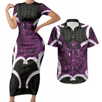 Waiporoporo Aotearoa Atua Tumatauenga Personalised Couples Matching Short Sleeve Bodycon Dress and Hawaiian Shirt Maori God Of War Tiki With Taiaha LT14 Purple - Polynesian Pride