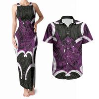 Waiporoporo Aotearoa Atua Tumatauenga Personalised Couples Matching Tank Maxi Dress and Hawaiian Shirt Maori God Of War Tiki With Taiaha LT14 Purple - Polynesian Pride
