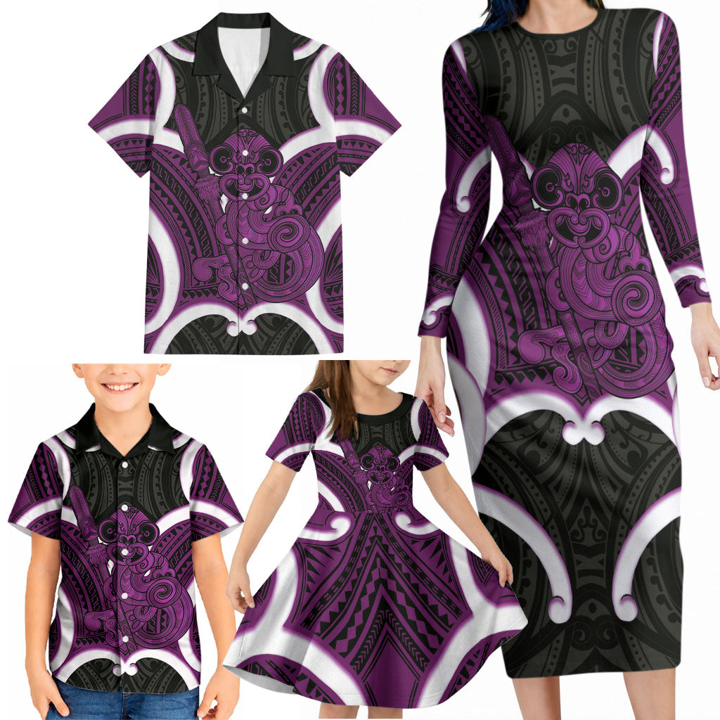 Waiporoporo Aotearoa Atua Tumatauenga Personalised Family Matching Long Sleeve Bodycon Dress and Hawaiian Shirt Maori God Of War Tiki With Taiaha LT14 - Polynesian Pride