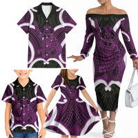 Waiporoporo Aotearoa Atua Tumatauenga Personalised Family Matching Off The Shoulder Long Sleeve Dress and Hawaiian Shirt Maori God Of War Tiki With Taiaha LT14 - Polynesian Pride
