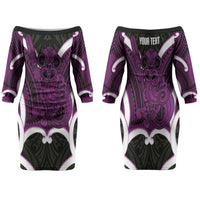 Waiporoporo Aotearoa Atua Tumatauenga Personalised Family Matching Off The Shoulder Long Sleeve Dress and Hawaiian Shirt Maori God Of War Tiki With Taiaha LT14 Mom's Dress Purple - Polynesian Pride