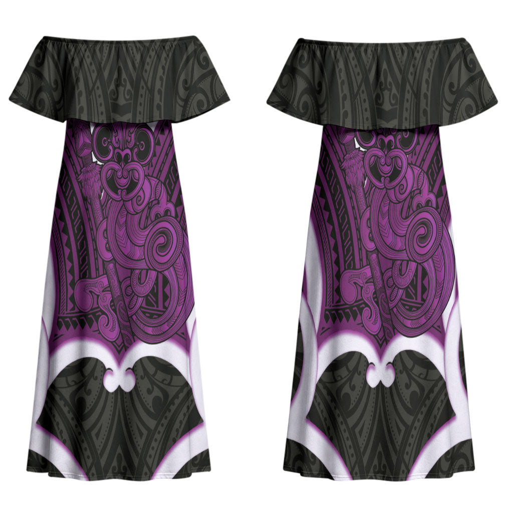 Waiporoporo Aotearoa Atua Tumatauenga Personalised Family Matching Off Shoulder Maxi Dress and Hawaiian Shirt Maori God Of War Tiki With Taiaha LT14 Mom's Dress Purple - Polynesian Pride