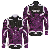 Waiporoporo Aotearoa Atua Tumatauenga Personalised Family Matching Off Shoulder Maxi Dress and Hawaiian Shirt Maori God Of War Tiki With Taiaha LT14 Dad's Shirt - Long Sleeve Purple - Polynesian Pride