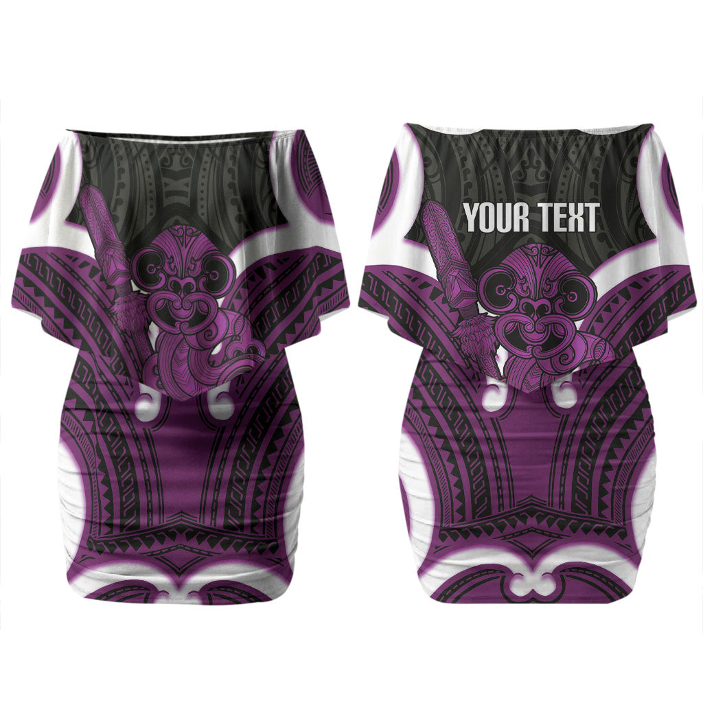 Waiporoporo Aotearoa Atua Tumatauenga Personalised Family Matching Off Shoulder Short Dress and Hawaiian Shirt Maori God Of War Tiki With Taiaha LT14 Mom's Dress Purple - Polynesian Pride
