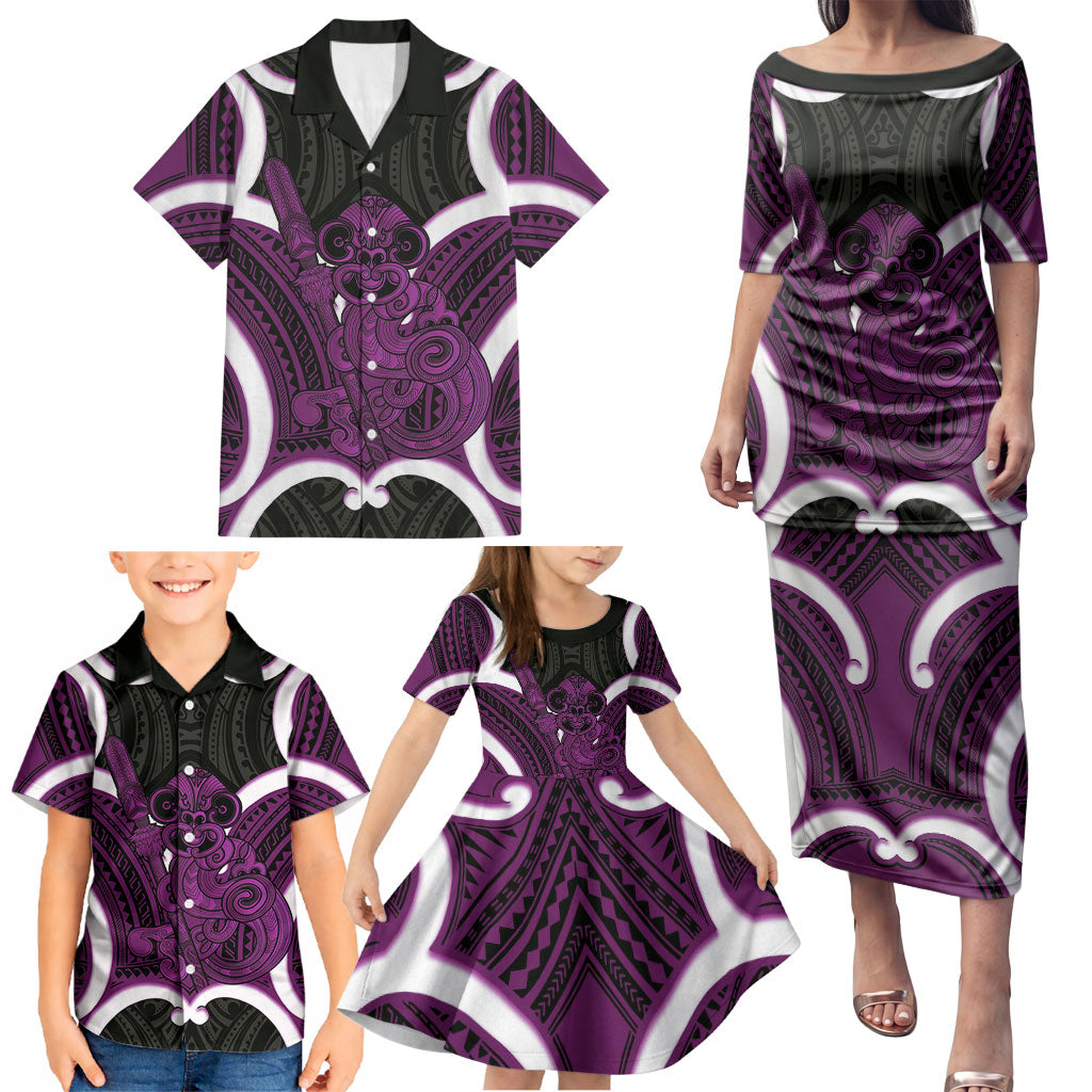 Waiporoporo Aotearoa Atua Tumatauenga Personalised Family Matching Puletasi and Hawaiian Shirt Maori God Of War Tiki With Taiaha LT14 - Polynesian Pride