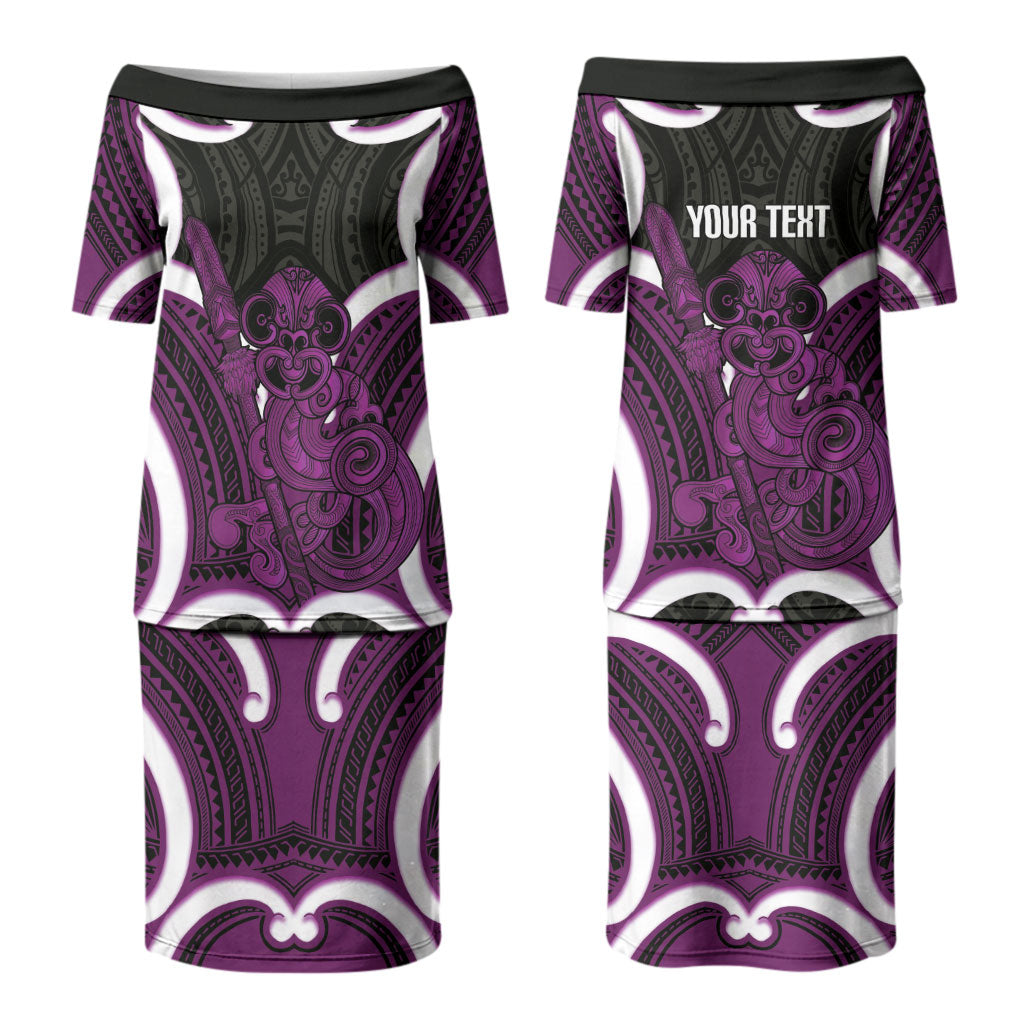 Waiporoporo Aotearoa Atua Tumatauenga Personalised Family Matching Puletasi and Hawaiian Shirt Maori God Of War Tiki With Taiaha LT14 Mom's Dress Purple - Polynesian Pride