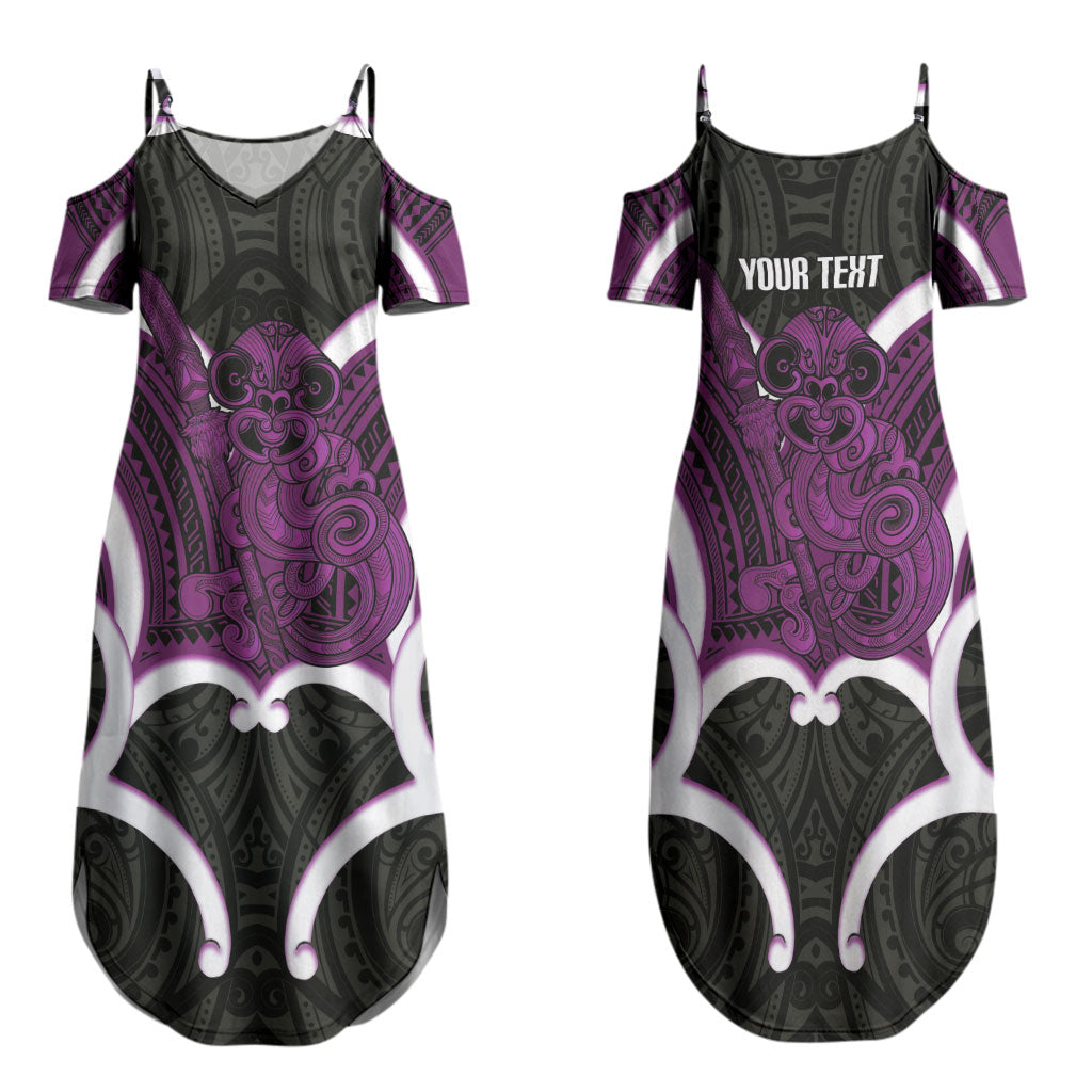 Waiporoporo Aotearoa Atua Tumatauenga Personalised Family Matching Summer Maxi Dress and Hawaiian Shirt Maori God Of War Tiki With Taiaha LT14 Mom's Dress Purple - Polynesian Pride