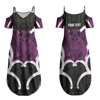 Waiporoporo Aotearoa Atua Tumatauenga Personalised Family Matching Summer Maxi Dress and Hawaiian Shirt Maori God Of War Tiki With Taiaha LT14 Mom's Dress Purple - Polynesian Pride